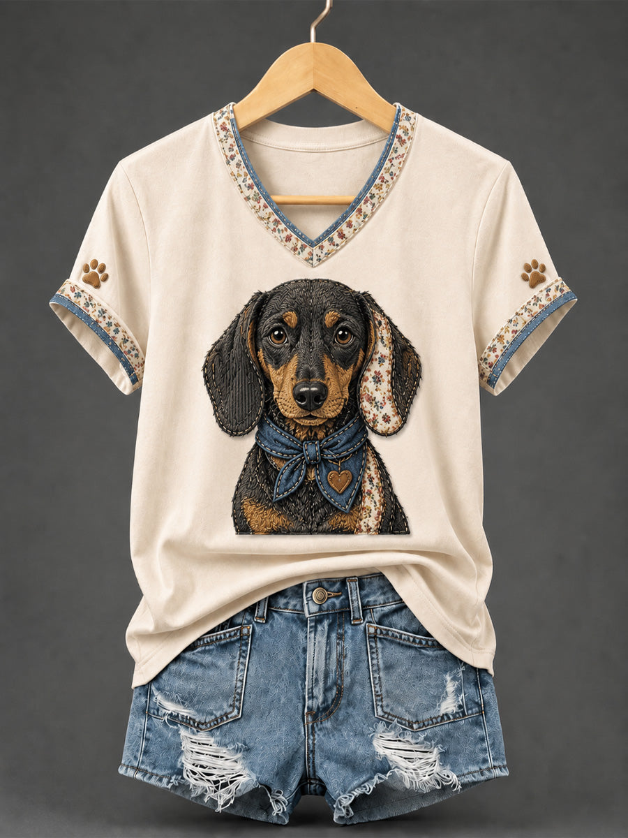 Women's Retro Patchwork Dog Print V-Neck Tee