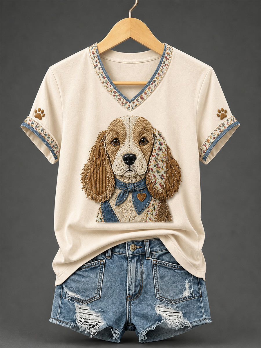 Women's Retro Patchwork Dog Print V-Neck Tee