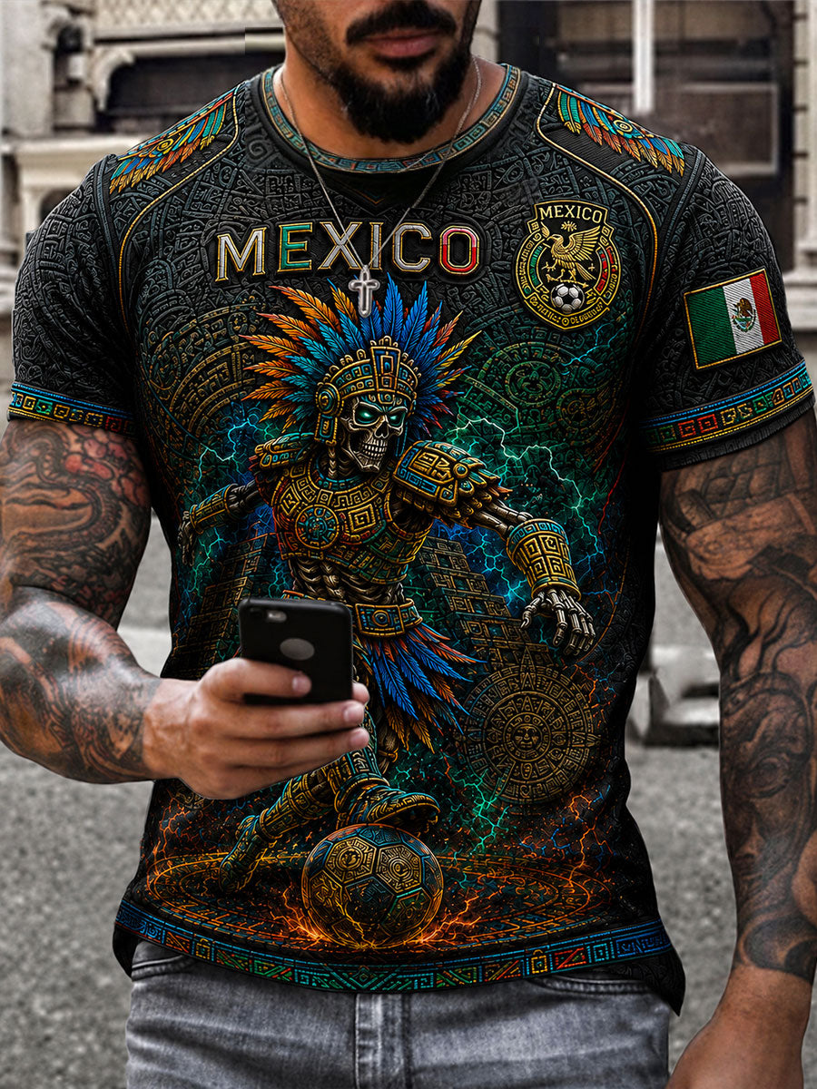 Men's Mexico Yaotl Mictlan Art Independence Day Printed T-shirt