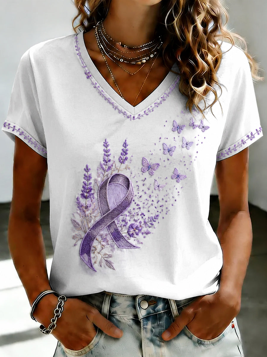 Women's Purple Flora Art Printed V-neck T-shirt