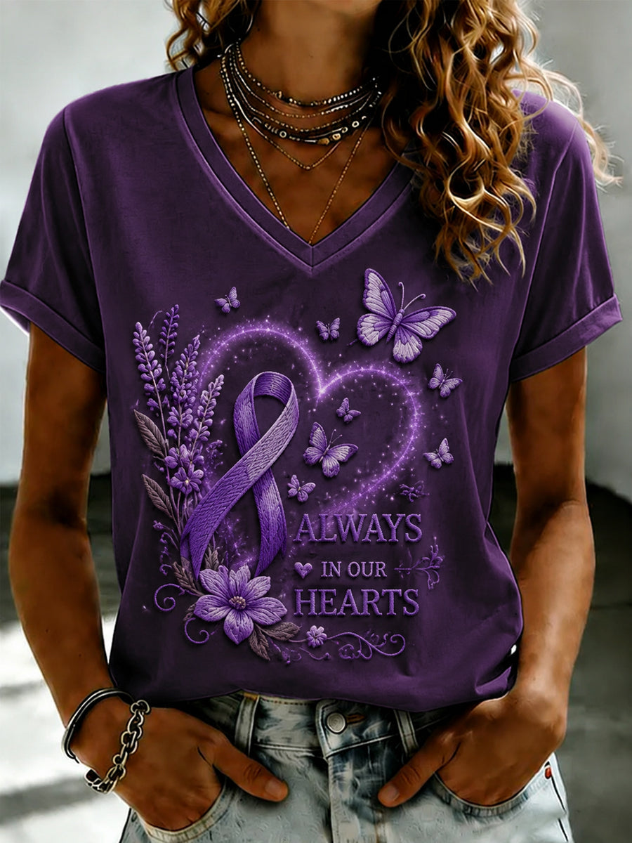 Women's Purple Flora Art Printed V-neck T-shirt