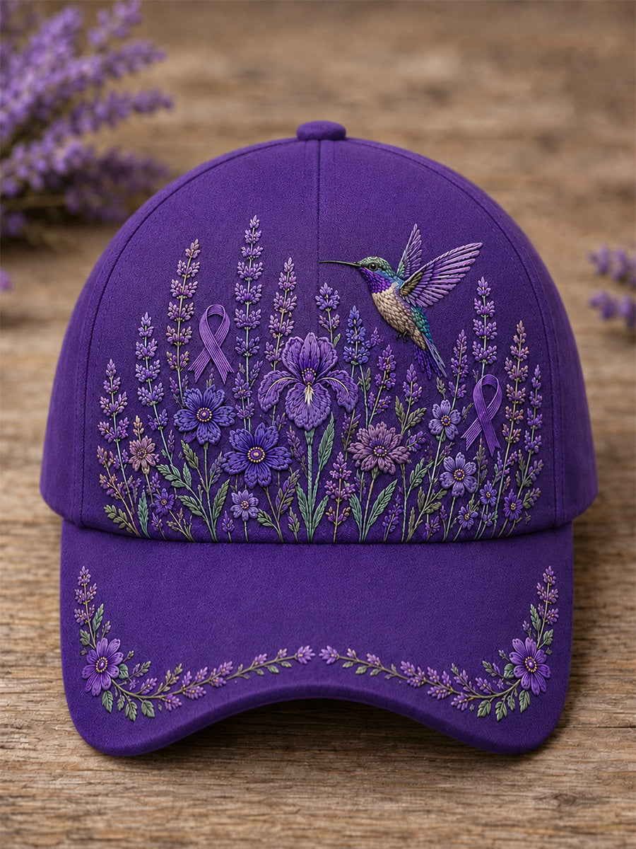 Unisex Purple Floral & Hummingbird Print Alzheimer's Awareness Support Hat