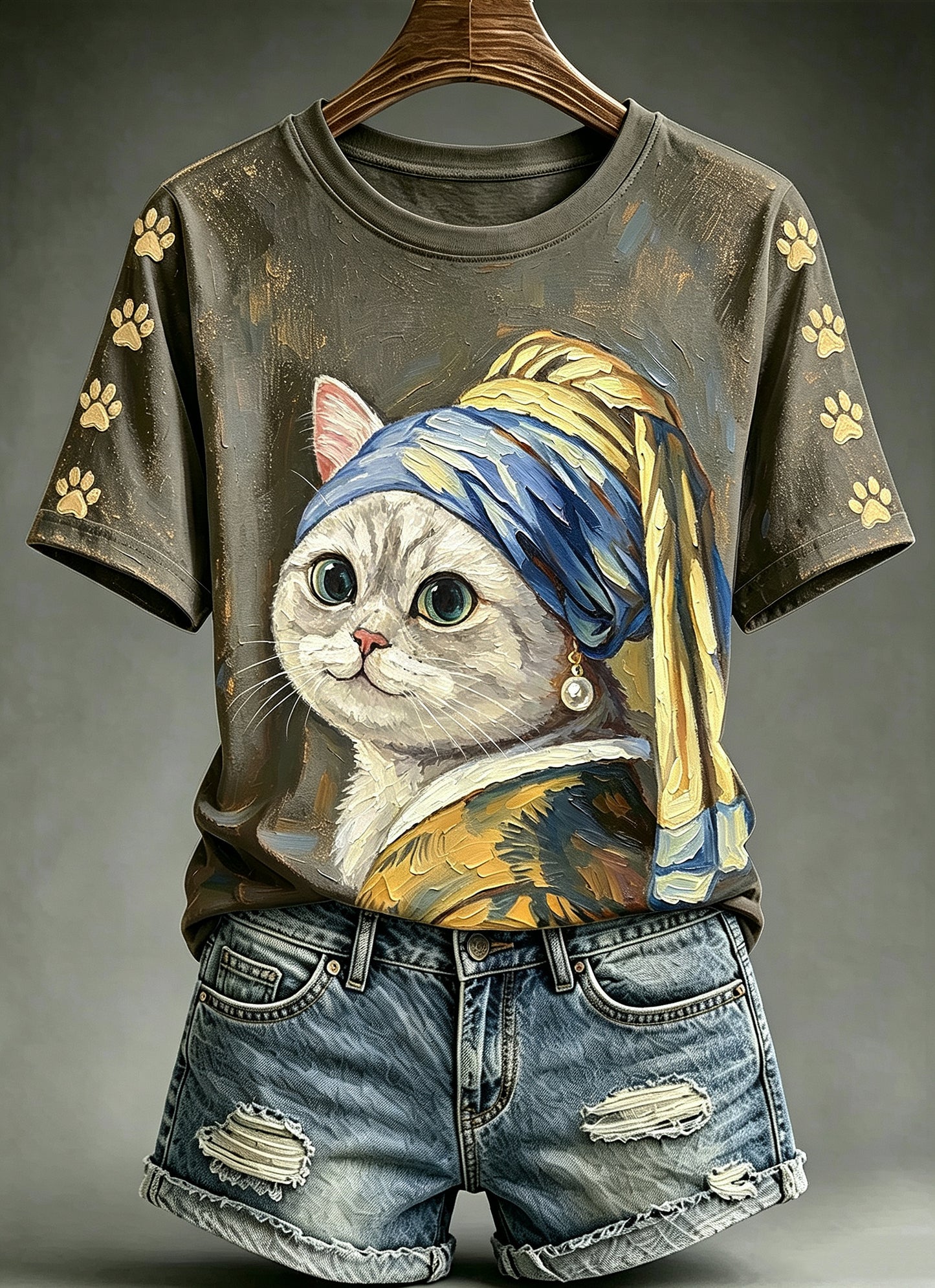 Women's Funny Oil Painting Animals Cat Printed Vintage Fashion Loose Short Sleeve T-Shirt