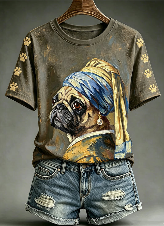 Women's Funny Oil Painting Animals Dog Printed Vintage Fashion Loose Short Sleeve T-Shirt