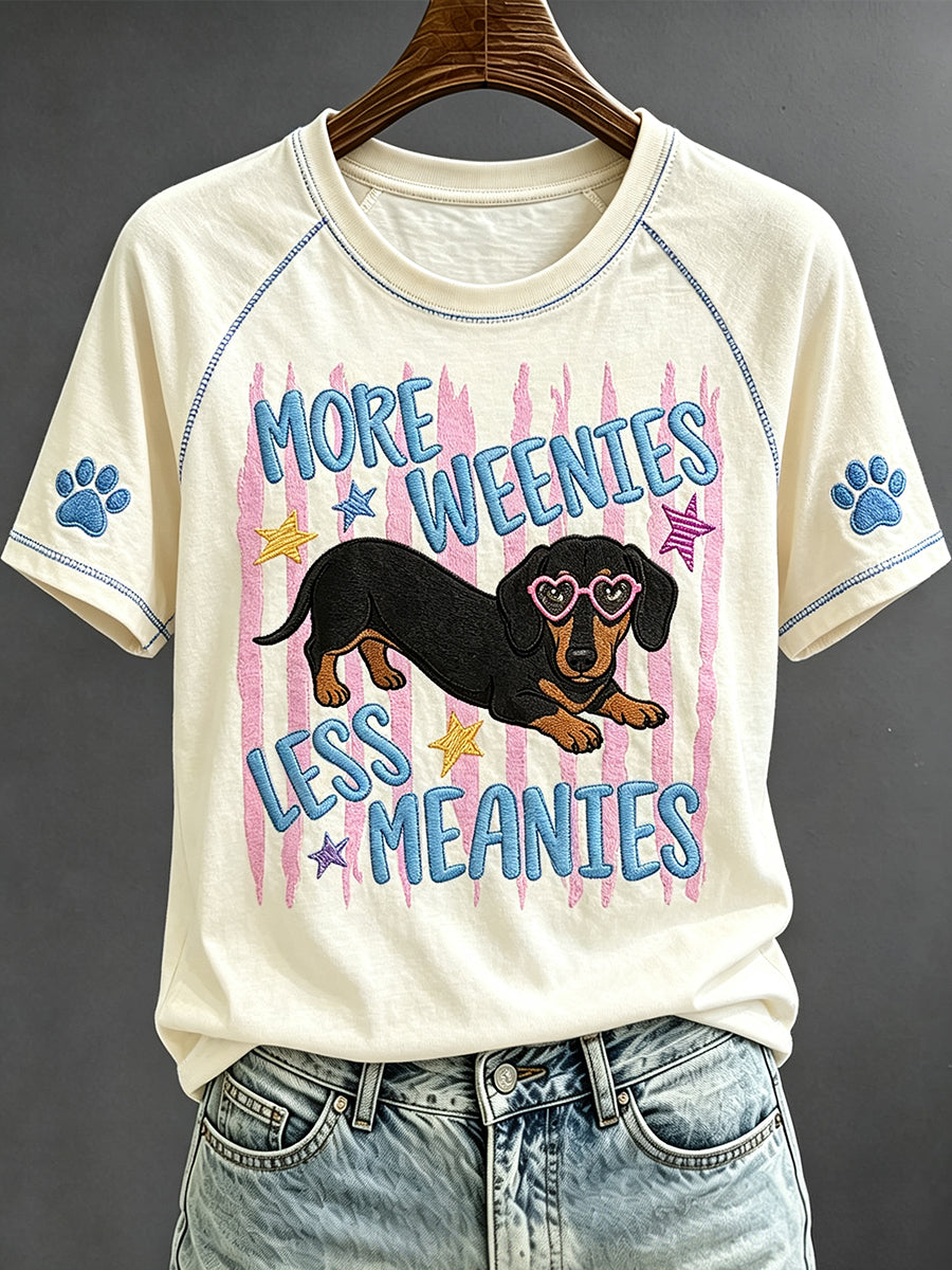 Women's More Weenies Less Meanies Funny Dachshund Art Print Short Sleeve T-shirt