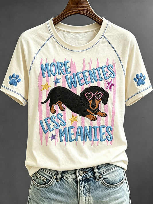 Women's More Weenies Less Meanies Funny Dachshund Art Print Short Sleeve T-shirt