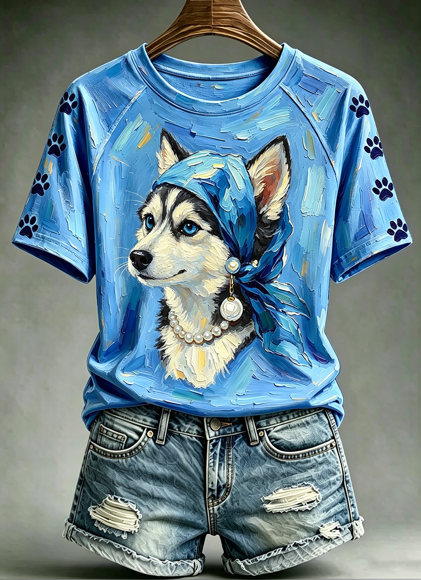 Women's Oil Painting Animals Dog Printed Vintage Fashion Loose Short Sleeve T-Shirt
