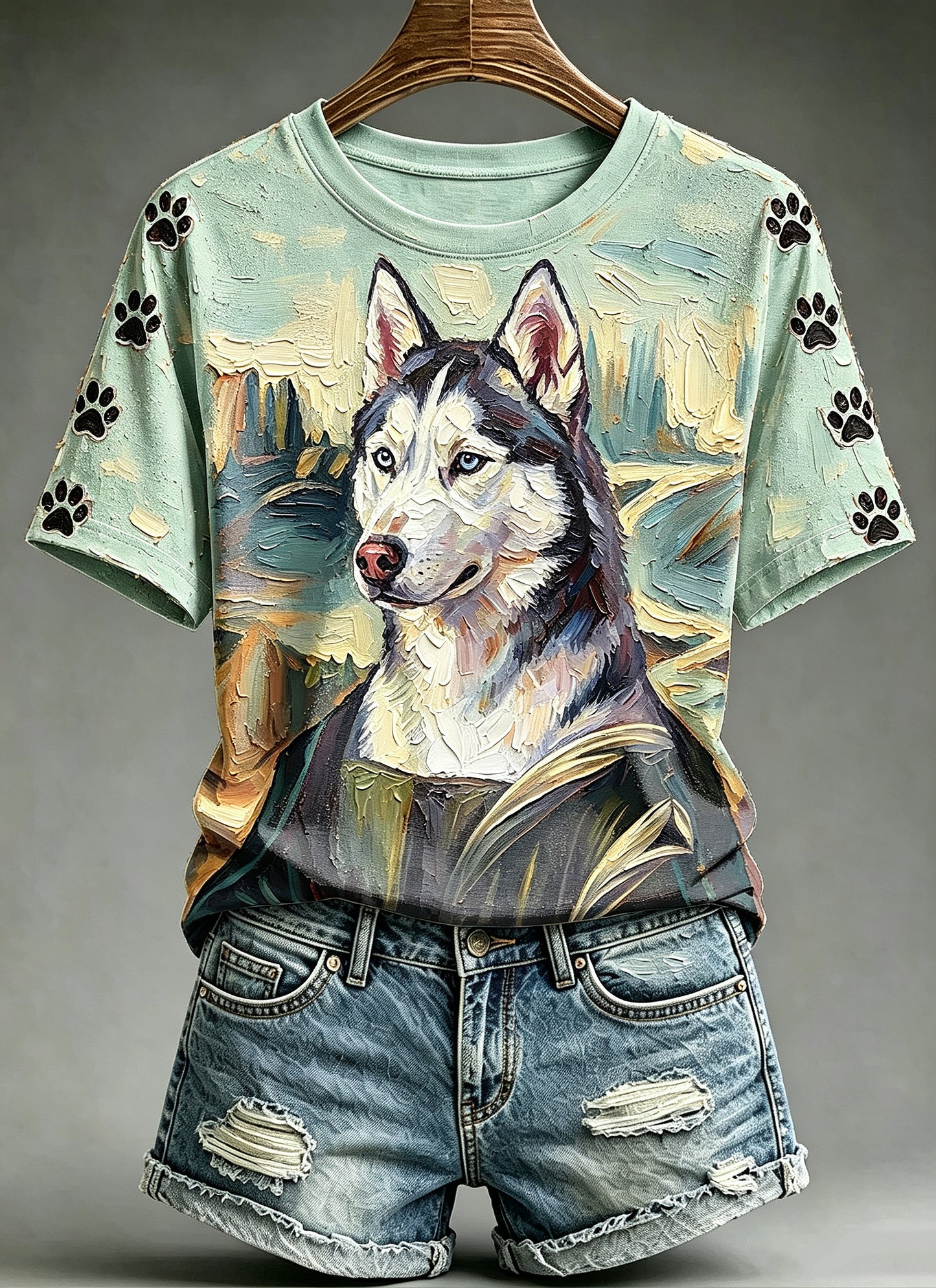 Women's Oil Painting Animals Dog Printed Vintage Fashion Loose Short Sleeve T-Shirt