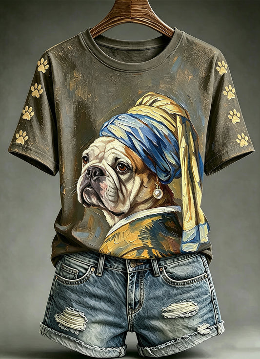 Women's Funny Oil Painting Animals Dog Printed Vintage Fashion Loose Short Sleeve T-Shirt