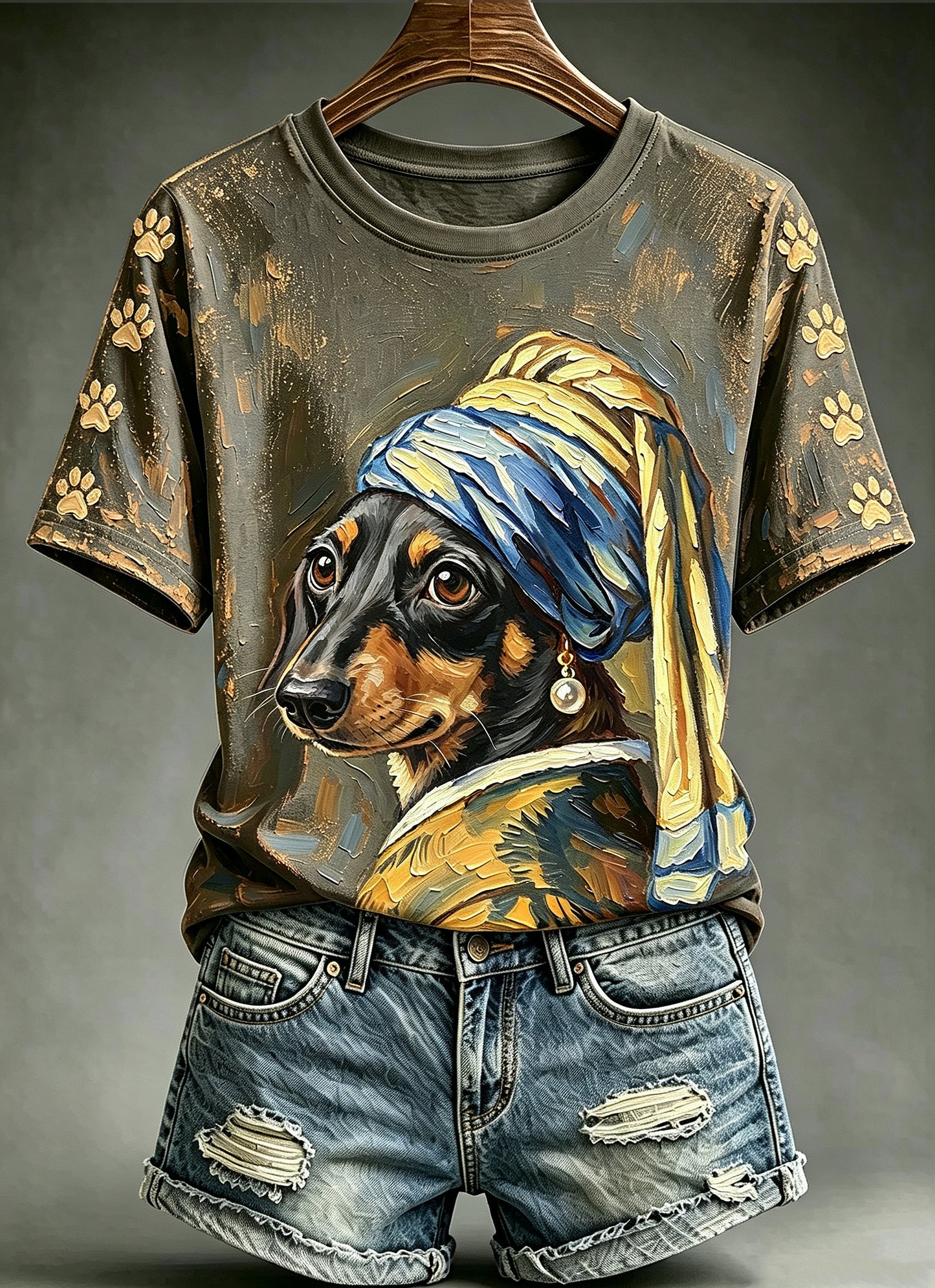 Women's Funny Oil Painting Animals Dog Printed Vintage Fashion Loose Short Sleeve T-Shirt