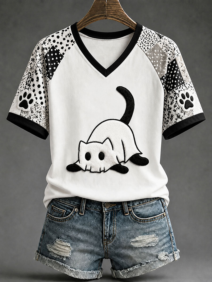 Women's Fun Black Cat Casual Print T-shirt