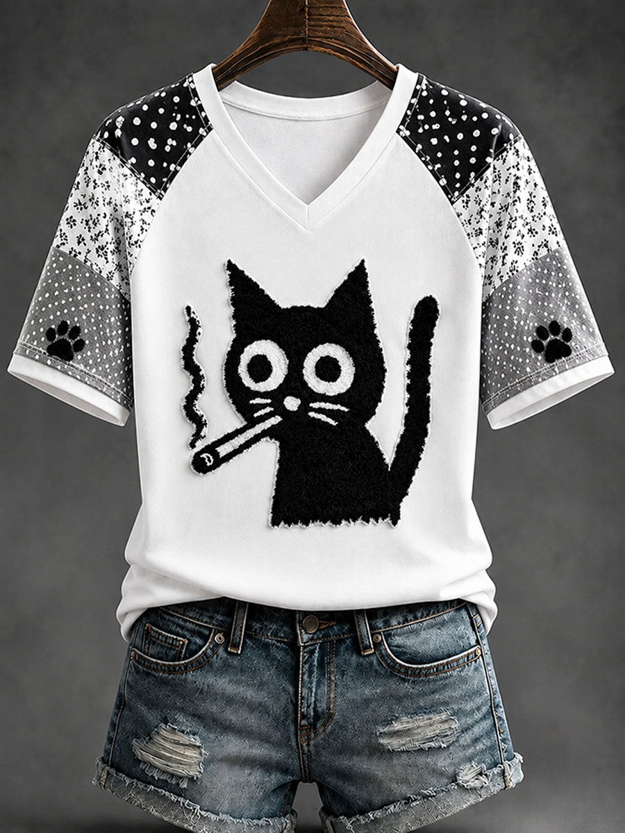 Women's Fun Black Cat Casual Print T-shirt