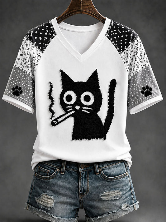 Women's Fun Black Cat Casual Print T-shirt