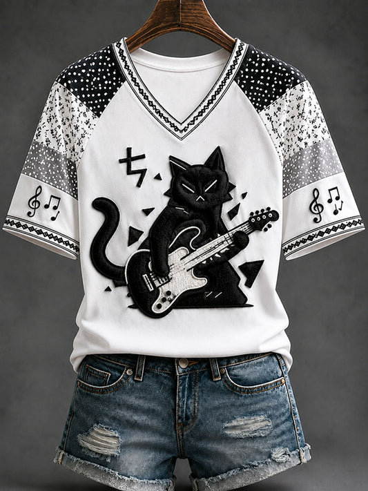 Women's Fun Black Cat Casual Print T-shirt