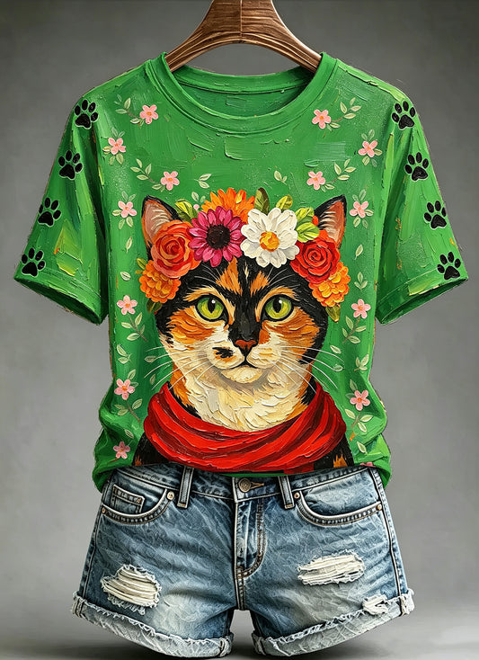 Women's Oil Painting Animals Cat Printed Vintage Fashion Loose Short Sleeve T-Shirt