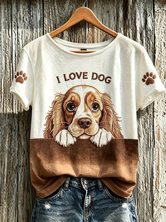 Women's cute dog pattern printed short-sleeved T-shirt