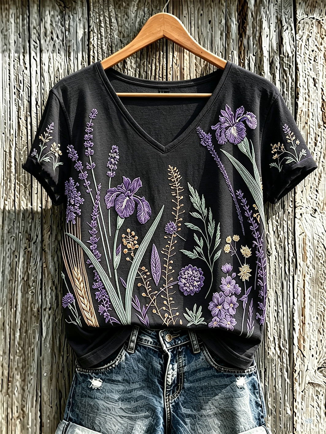 Women's purple plant flower pattern printed casual T-shirt