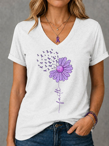 Women's Purple Ribbon Sunflower Faith Print Alzheimer's Awareness Support V-Neck Tee