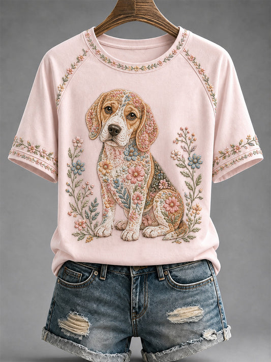 Women's Floral Dog Print Casual Tee