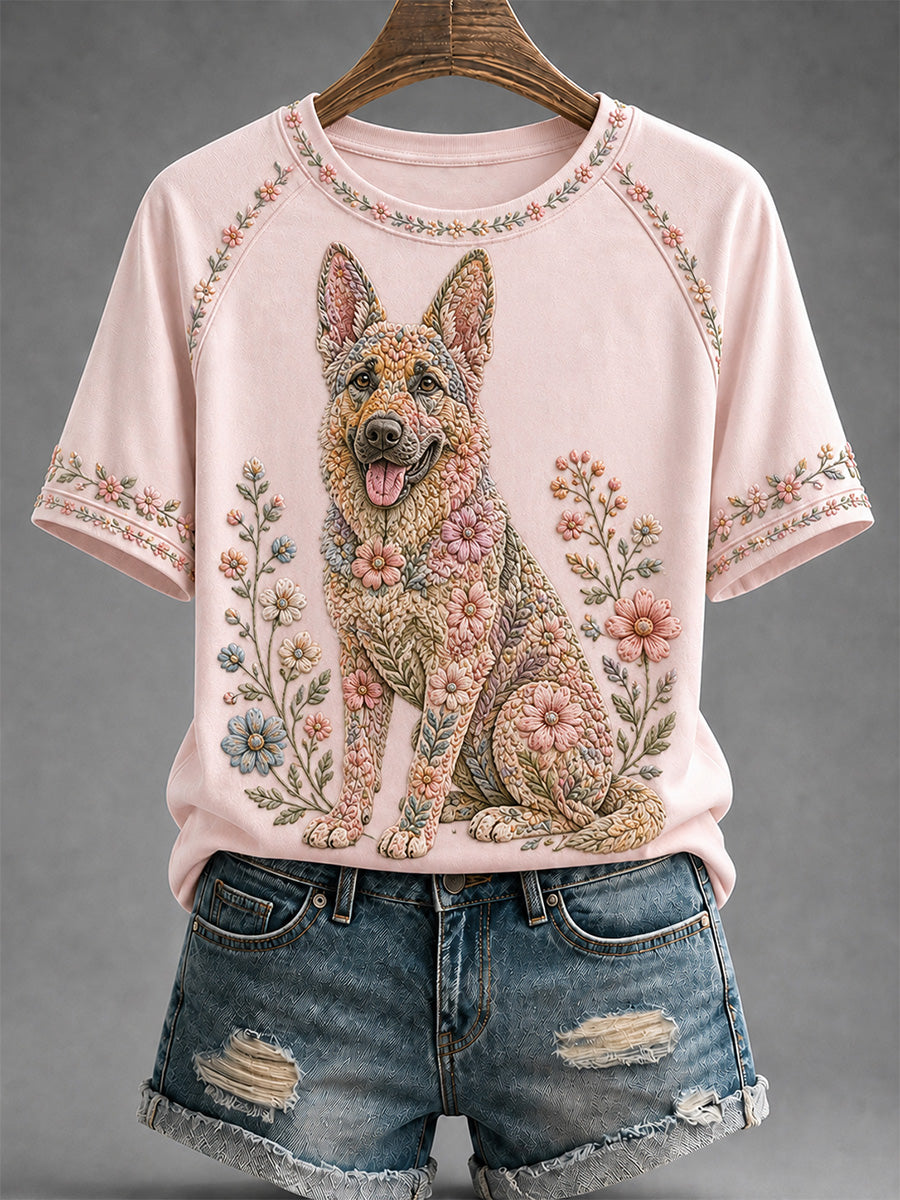 Women's Floral Dog Print Casual Tee