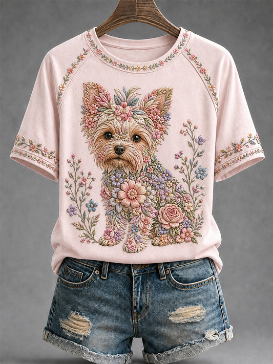Women's Floral Dog Print Casual Tee