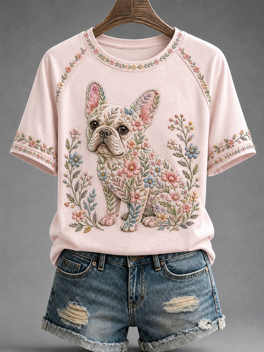 Women's Floral Dog Print Casual Tee