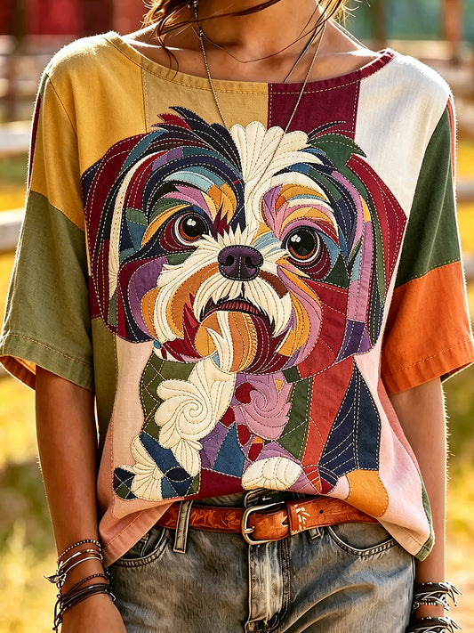 Women's Splice Animal Dog Printed Vintage Fashion Loose Short Sleeve T-Shirt