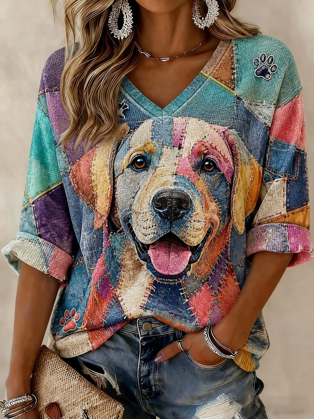 Women's Art Dog Printed Mid-length Sleeves V-neck T-shirt