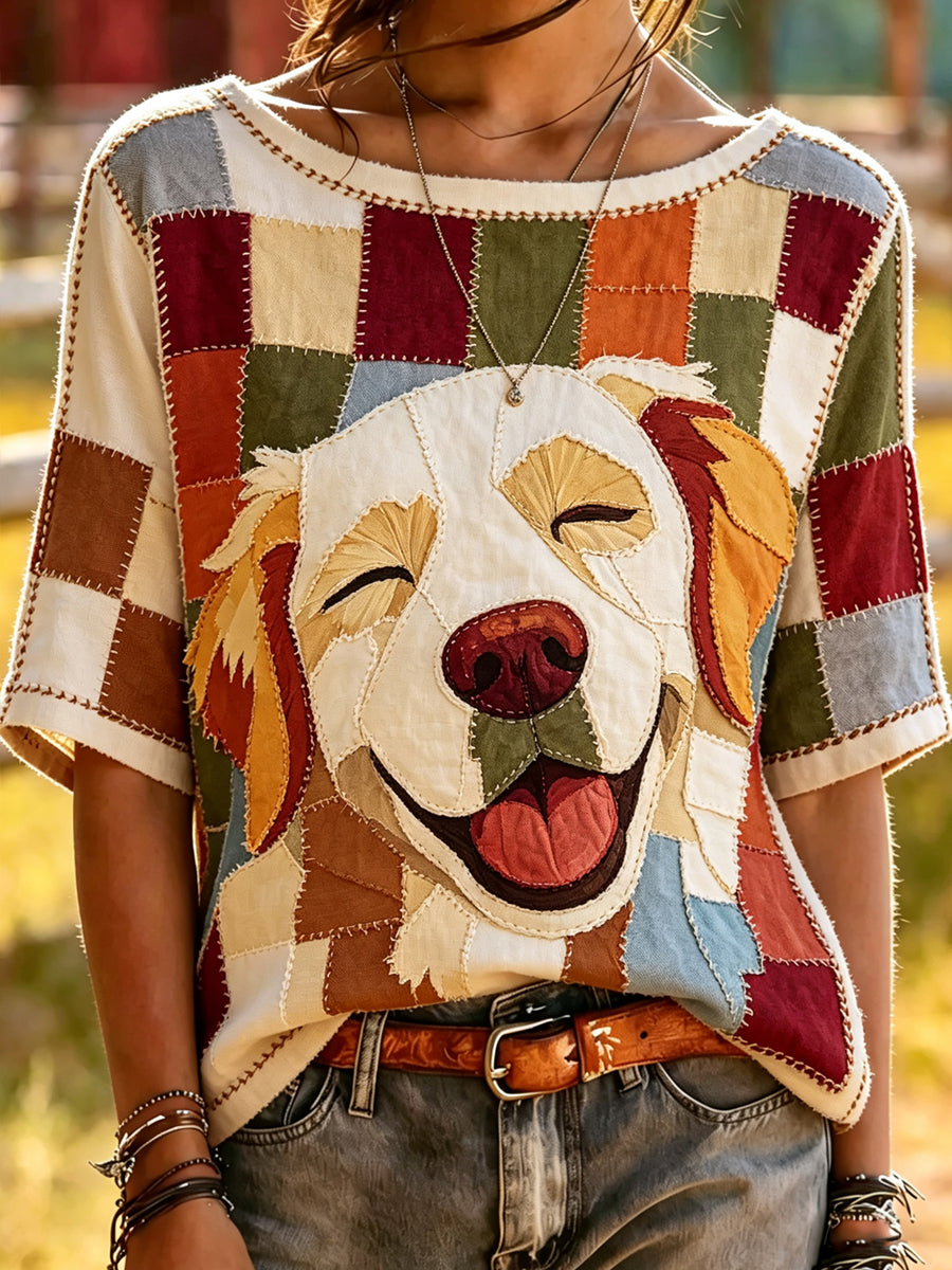 Women's Splice Animal Dog Printed Vintage Fashion Loose Short Sleeve T-Shirt
