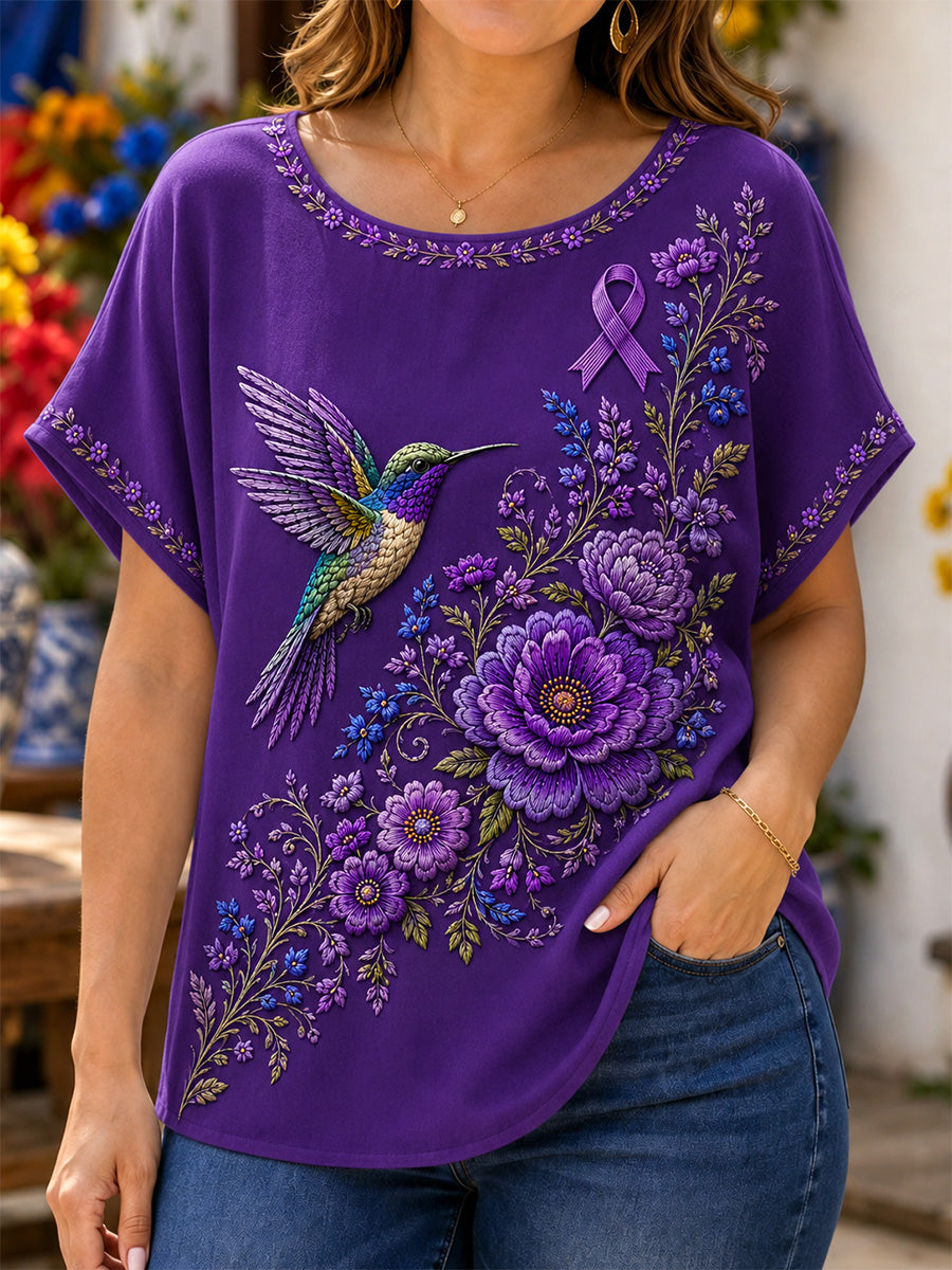 Women's Purple Floral & Hummingbird Print Alzheimer's Awareness Support Tee