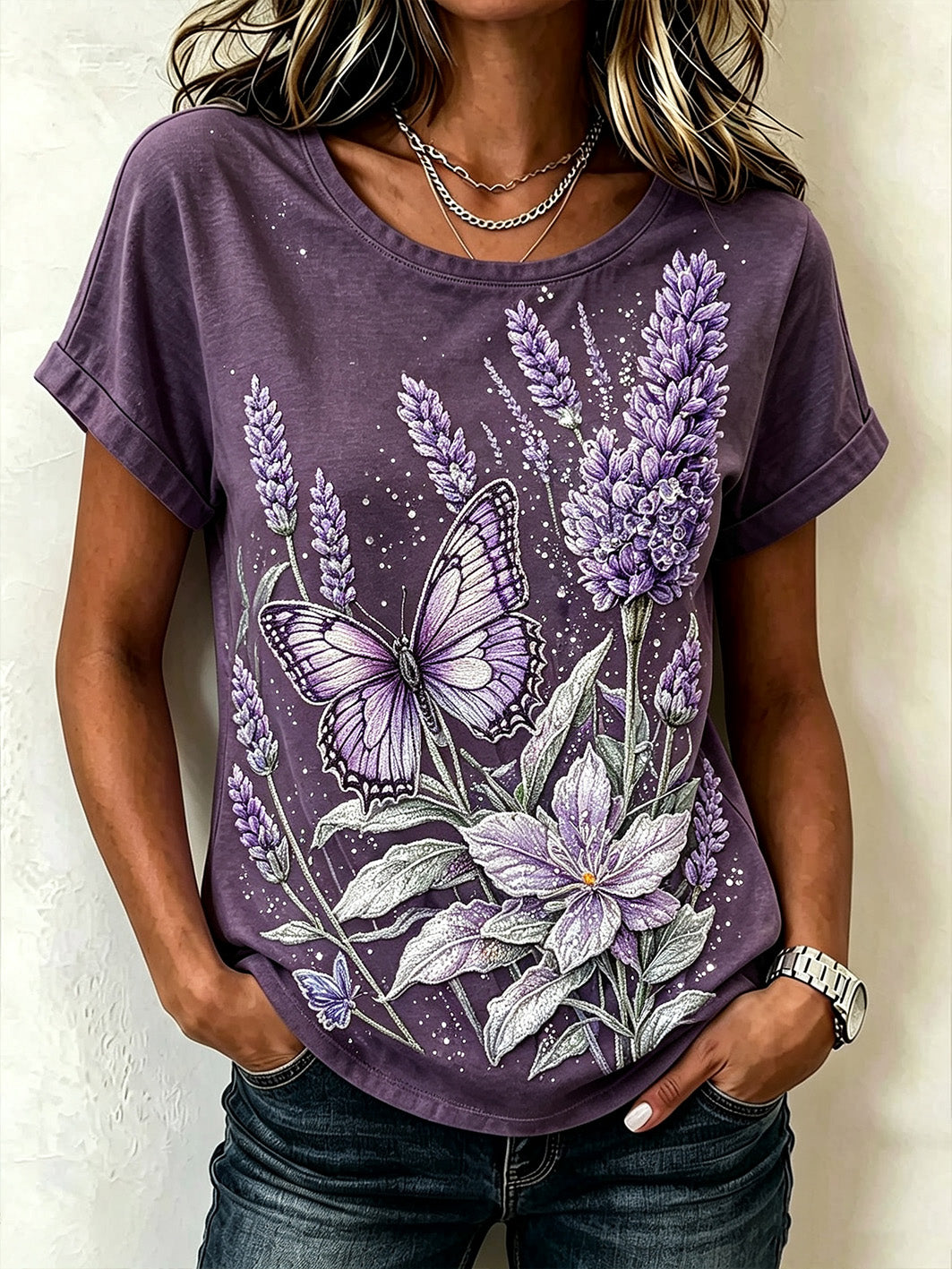 Women's purple flowers pattern printed short-sleeved T-shirt