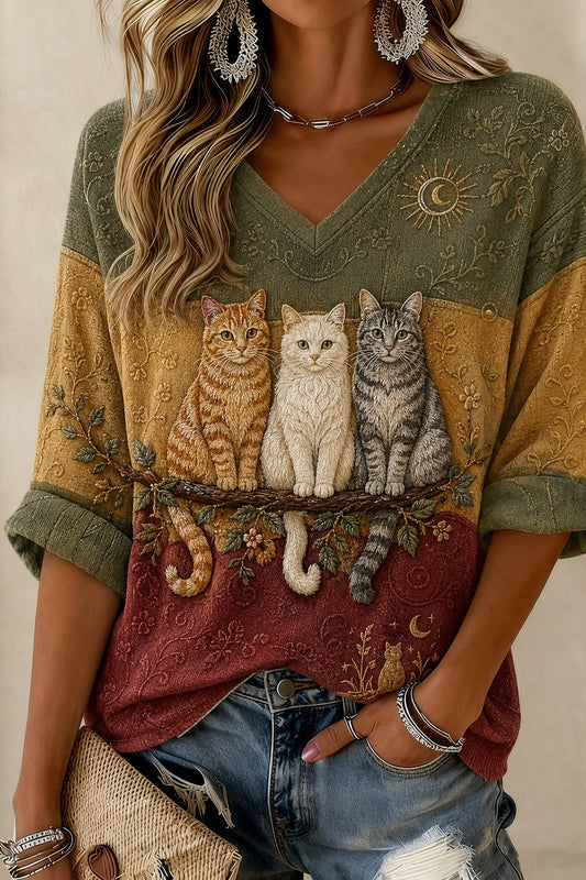 Women's Cat Printed Mid-length Sleeves V-neck T-shirt
