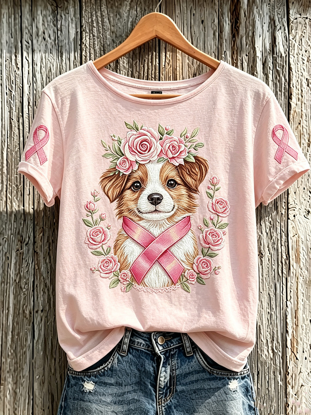 Women's Breast Cancer Cute Dog Pattern Printed Casual Short-Sleeve T-Shirt