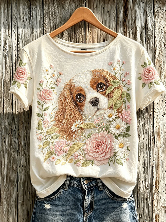 Women's cute dog and plant flower pattern printed casual short-sleeve T-shirt