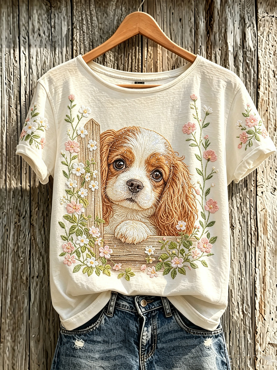 Women's cute dog and plant flower pattern printed casual short-sleeve T-shirt