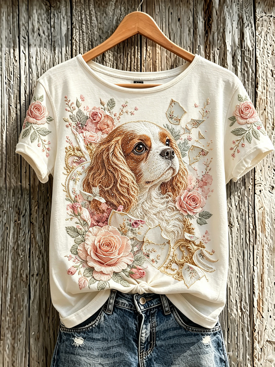 Women's cute dog and plant flower pattern printed casual short-sleeve T-shirt