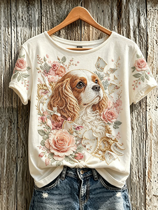 Women's cute dog and plant flower pattern printed casual short-sleeve T-shirt