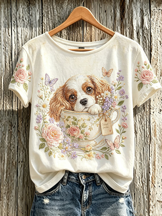 Women's cute dog and plant flower pattern printed casual short-sleeve T-shirt