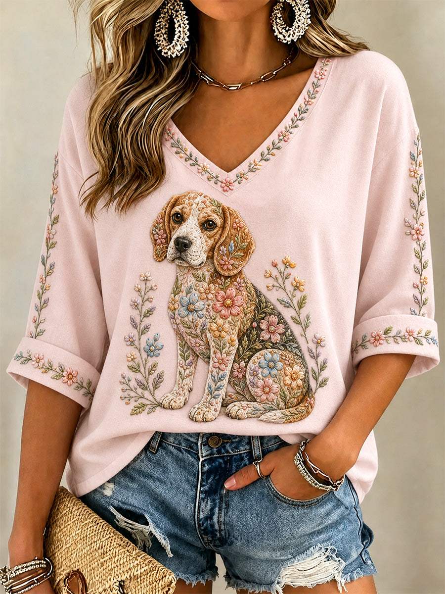 Women's Floral Dog Print Casual V-Neck Tee
