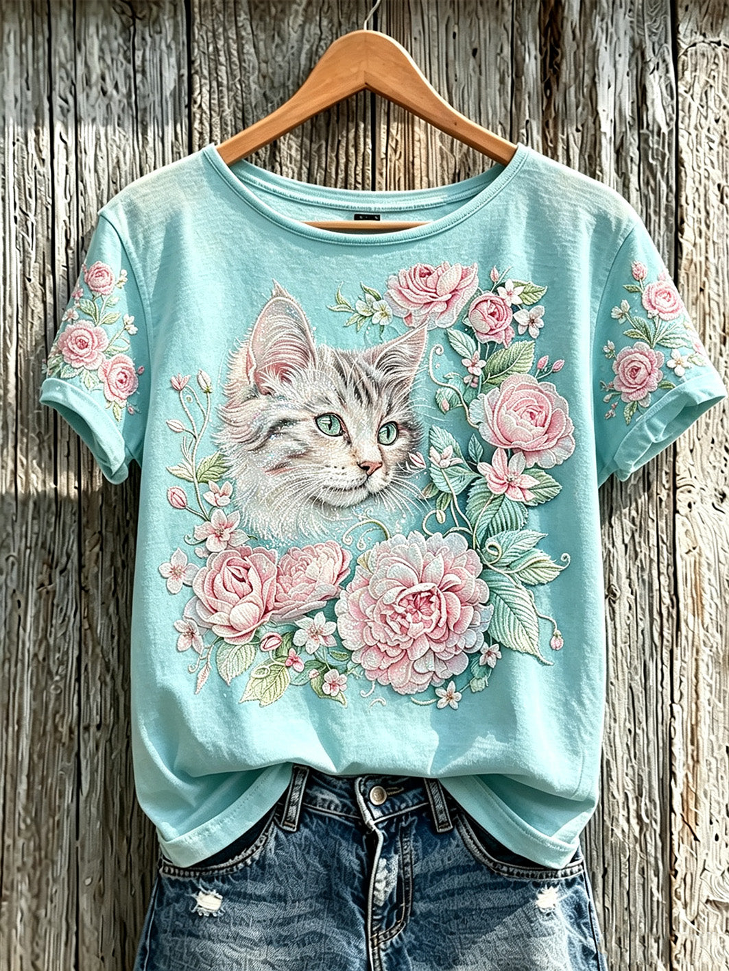 Women's cute cat and plant flower pattern printed casual short-sleeve T-shirt