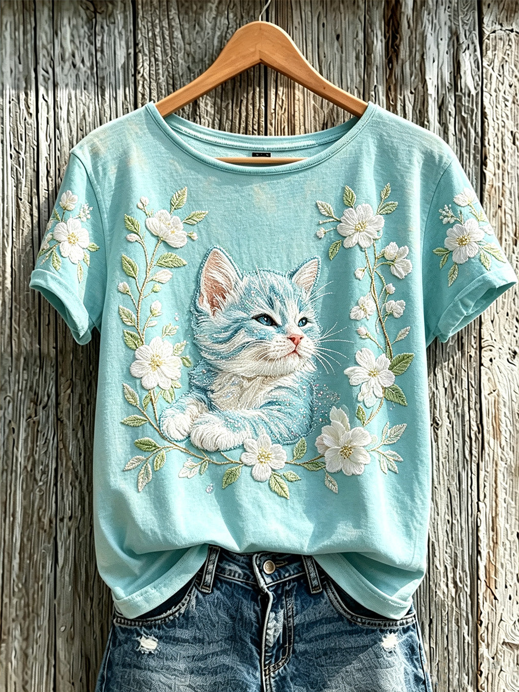 Women's cute cat and plant flower pattern printed casual short-sleeve T-shirt