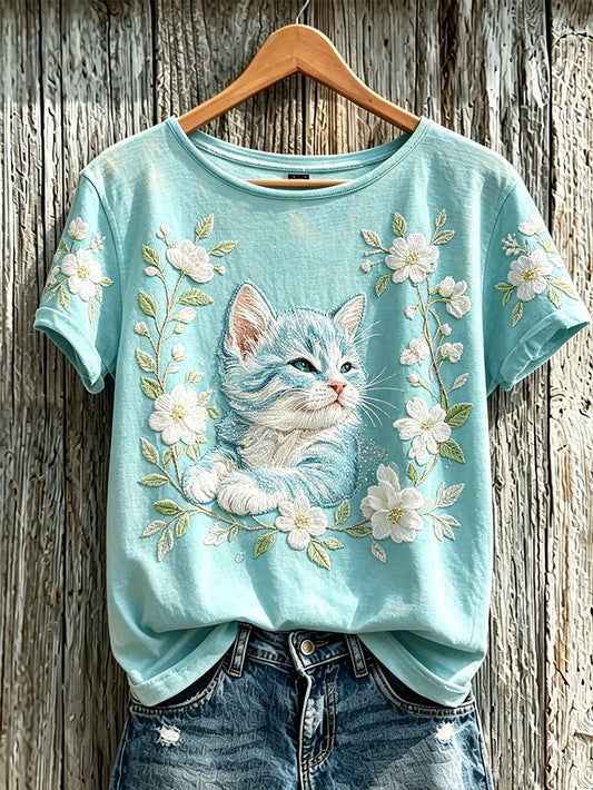Women's cute cat and plant flower pattern printed casual short-sleeve T-shirt