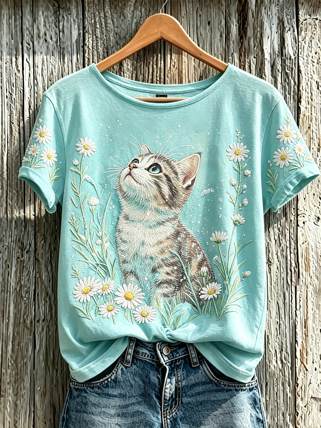 Women's cute cat and plant flower pattern printed casual short-sleeve T-shirt
