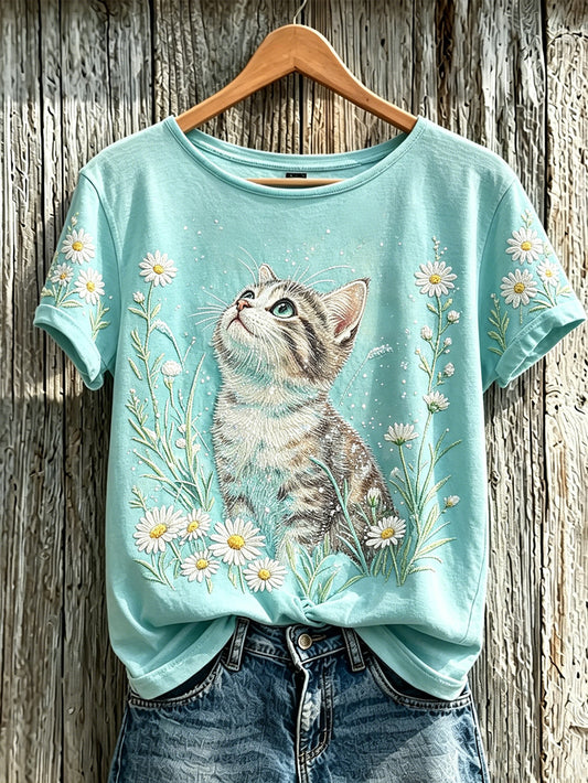 Women's cute cat and plant flower pattern printed casual short-sleeve T-shirt