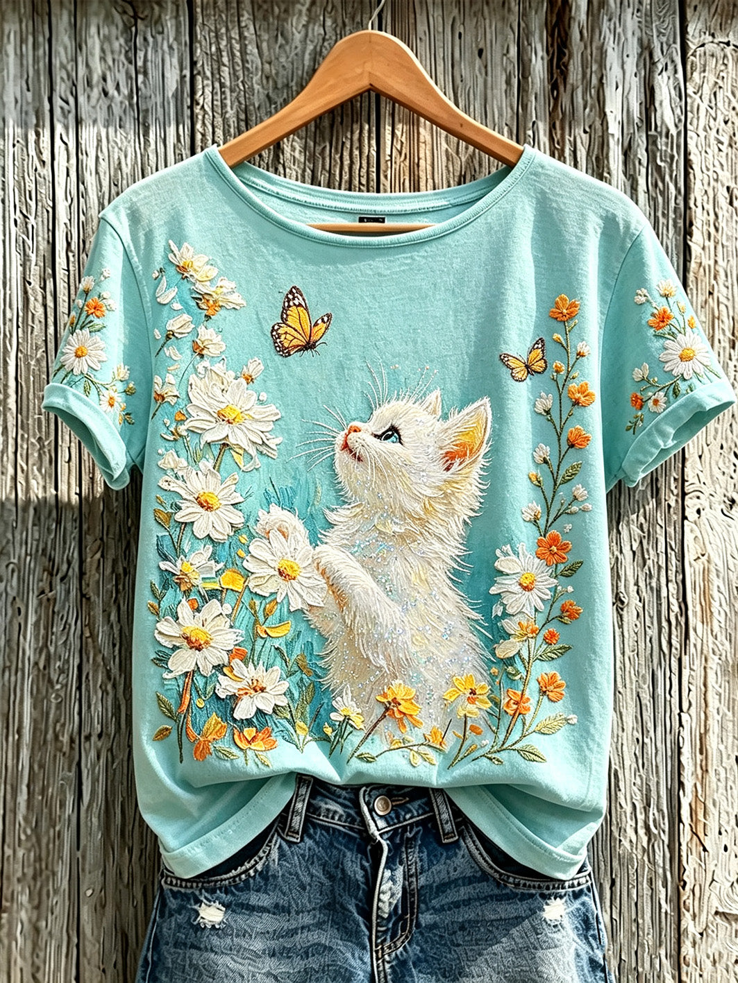 Women's cute cat and plant flower pattern printed casual short-sleeve T-shirt