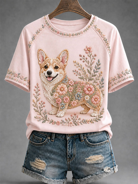 Women's Floral Dog Print Casual Tee
