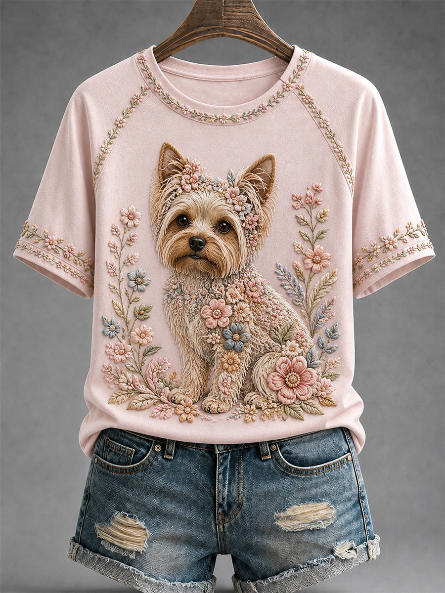 Women's Floral Dog Print Casual Tee
