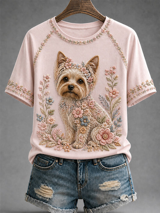 Women's Floral Dog Print Casual Tee