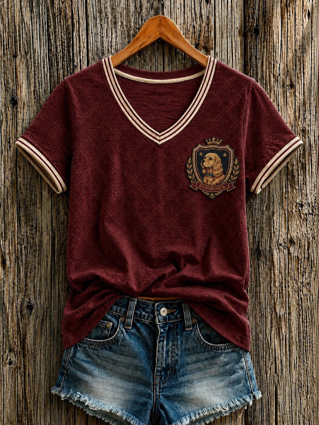 Women's British Cartoon Dog Printed V-neck T-shirt