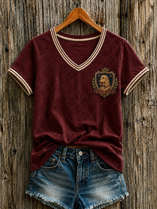 Women's British Cartoon Dog Printed V-neck T-shirt